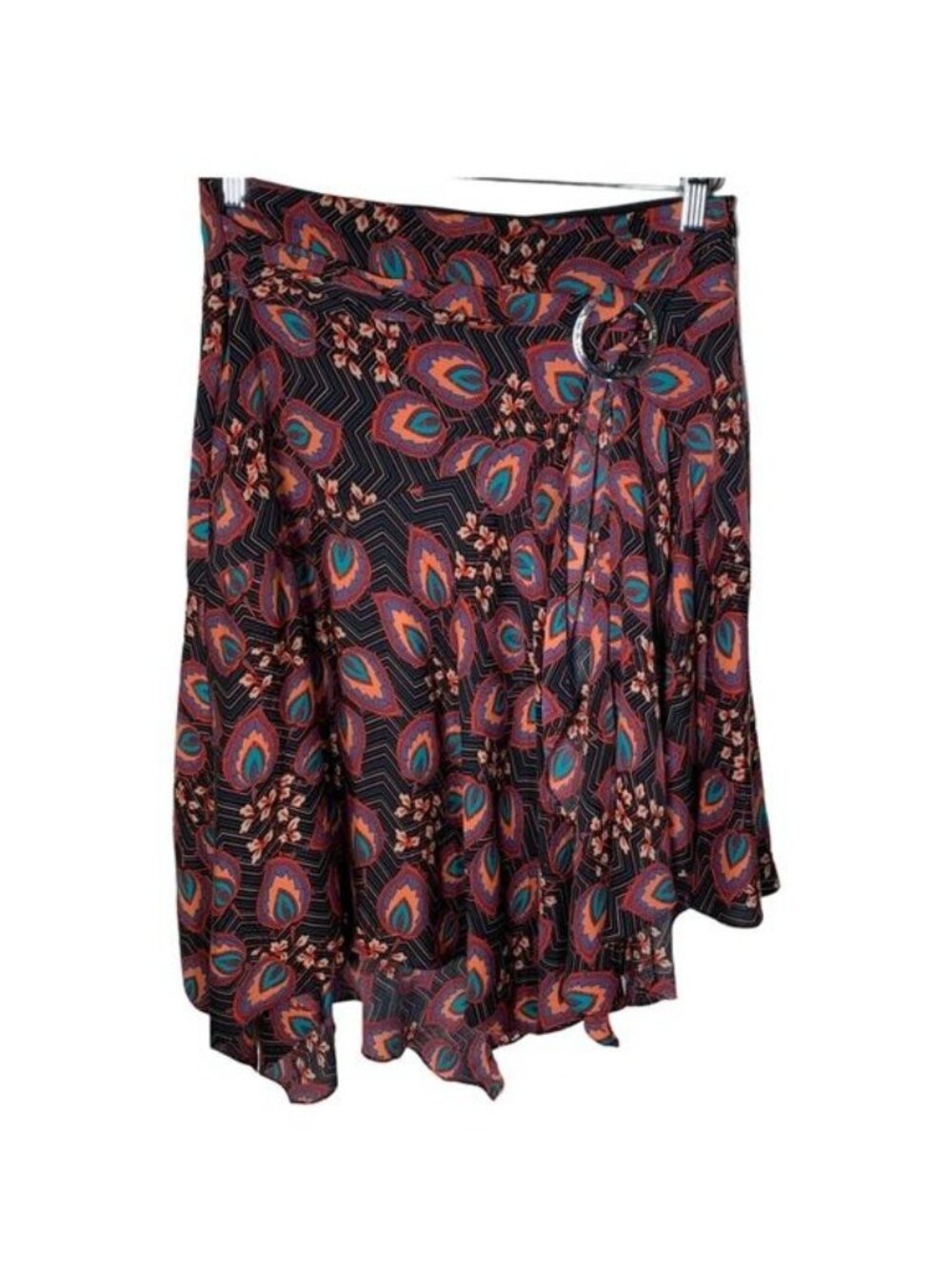 Karen Millen Silk Midi Skirt Womens 4 Ruffle Boho Floral Black